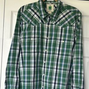 Club room men’s shirt, large, green western plaid, pearl snap long sleeve shirt